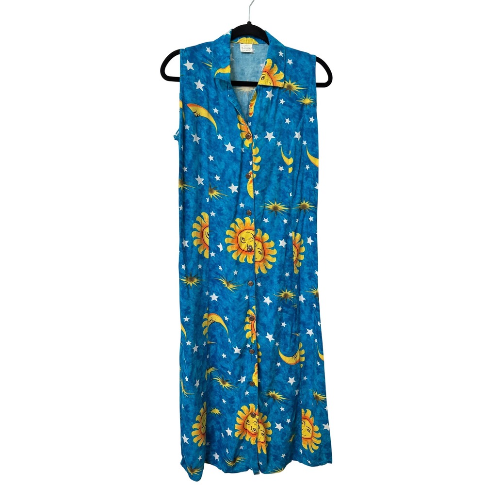 Vintage Venus Celestial Sun Moon Star Blue Rayon Maxi Dress Sleeveless Womens XL